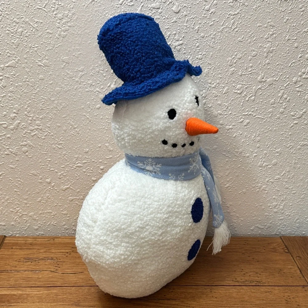 Festive Snowman Pillow with Blue Hat and Scarf